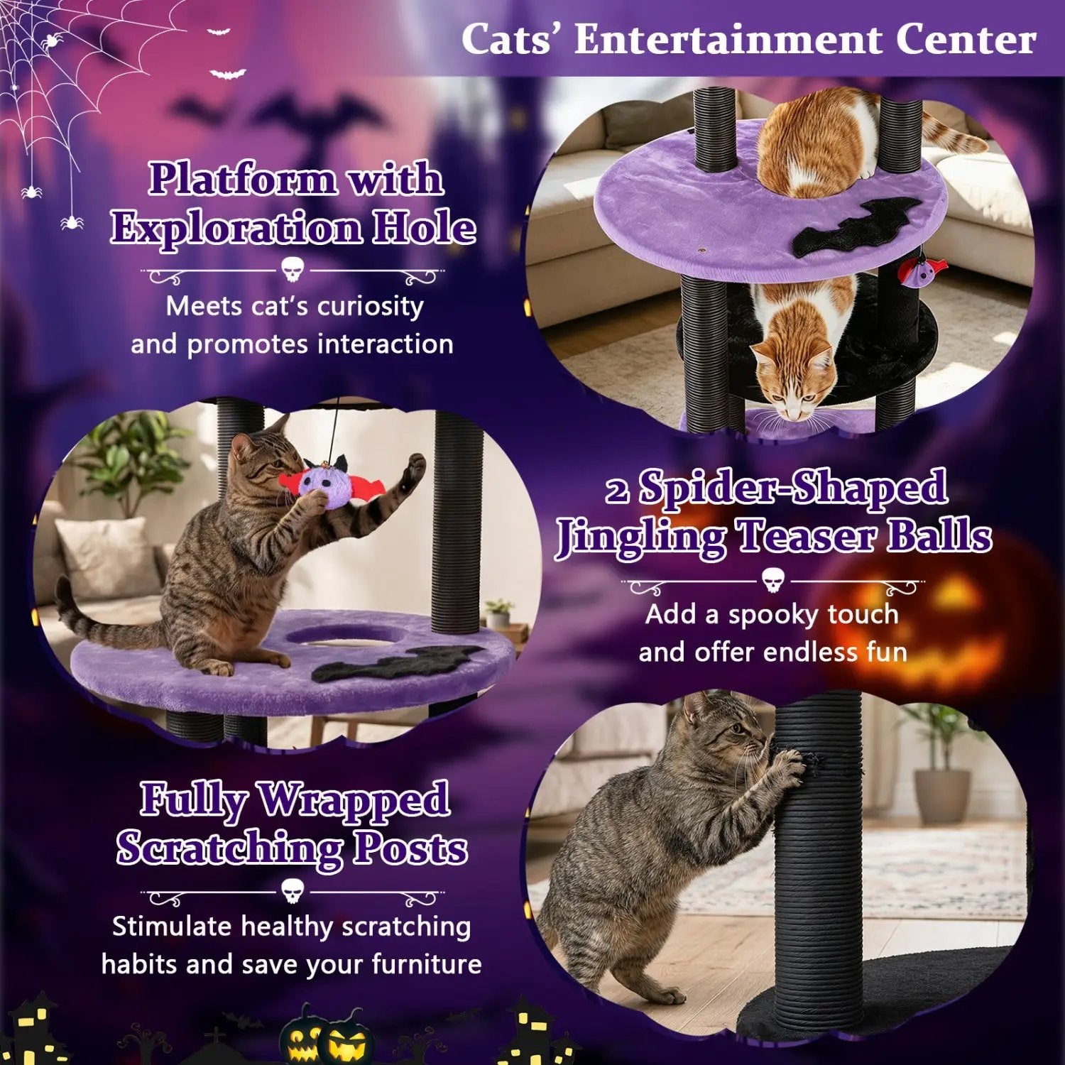 60" Gothic Cat Tower with Plush Perch and Hanging Toys by DirectDeals