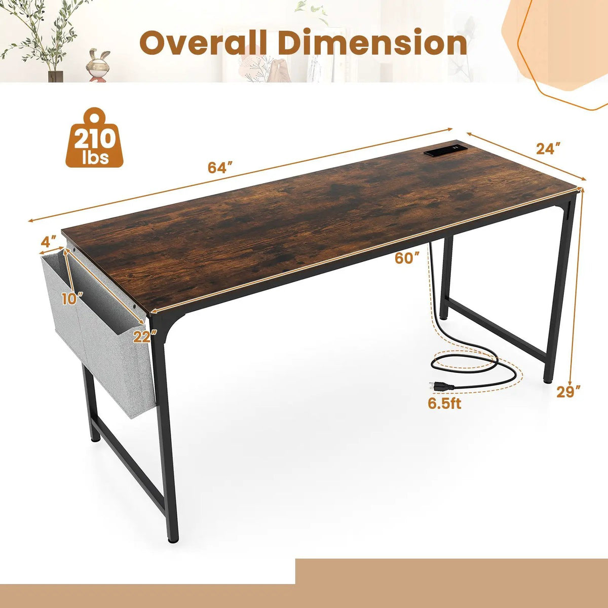 60 Inch Computer Desk with Charging Station Storage Bag, photo 5 of 9