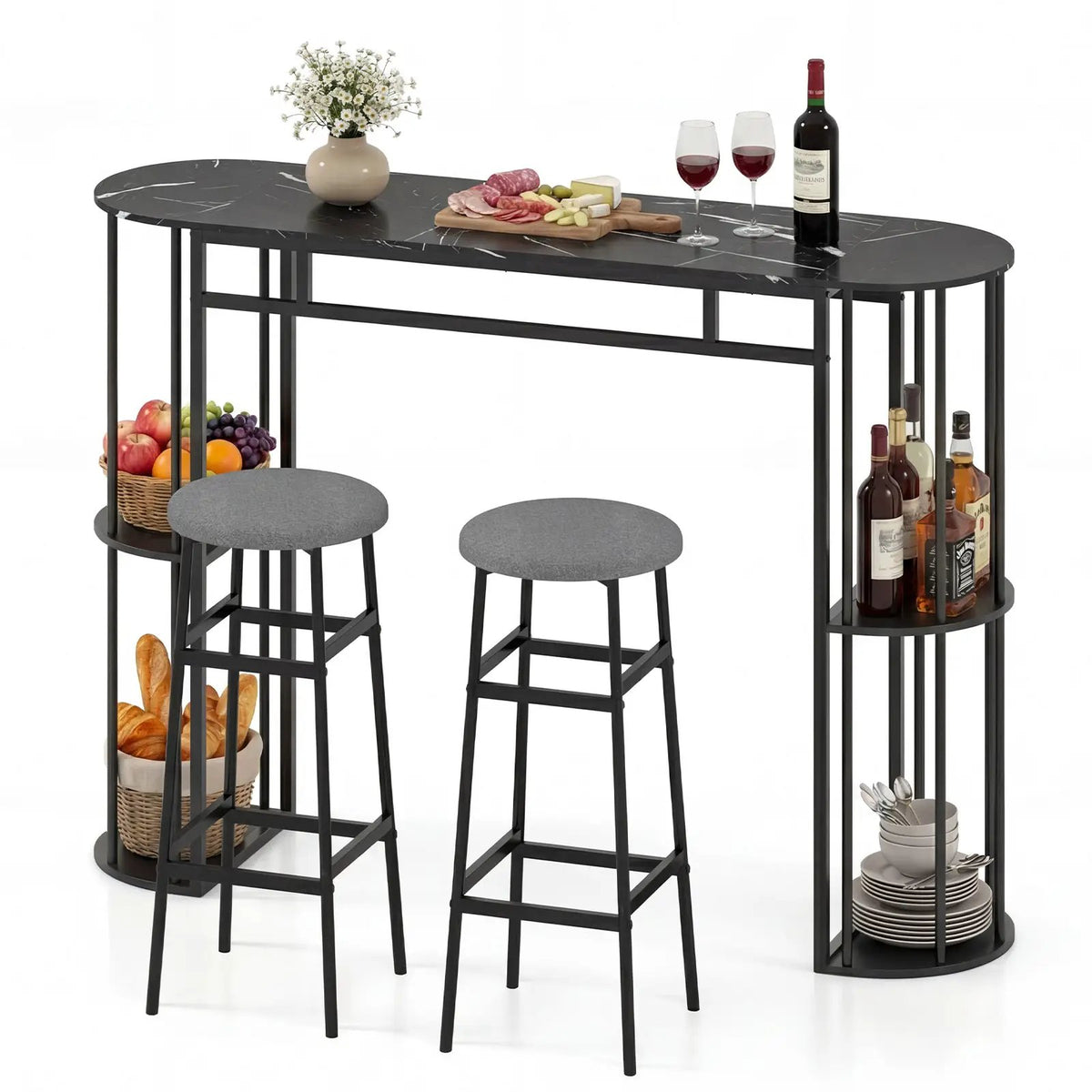60 Inch Dining Table and 2 Upholstered Barstools with Faux Marble Tabletop by DirectDeals