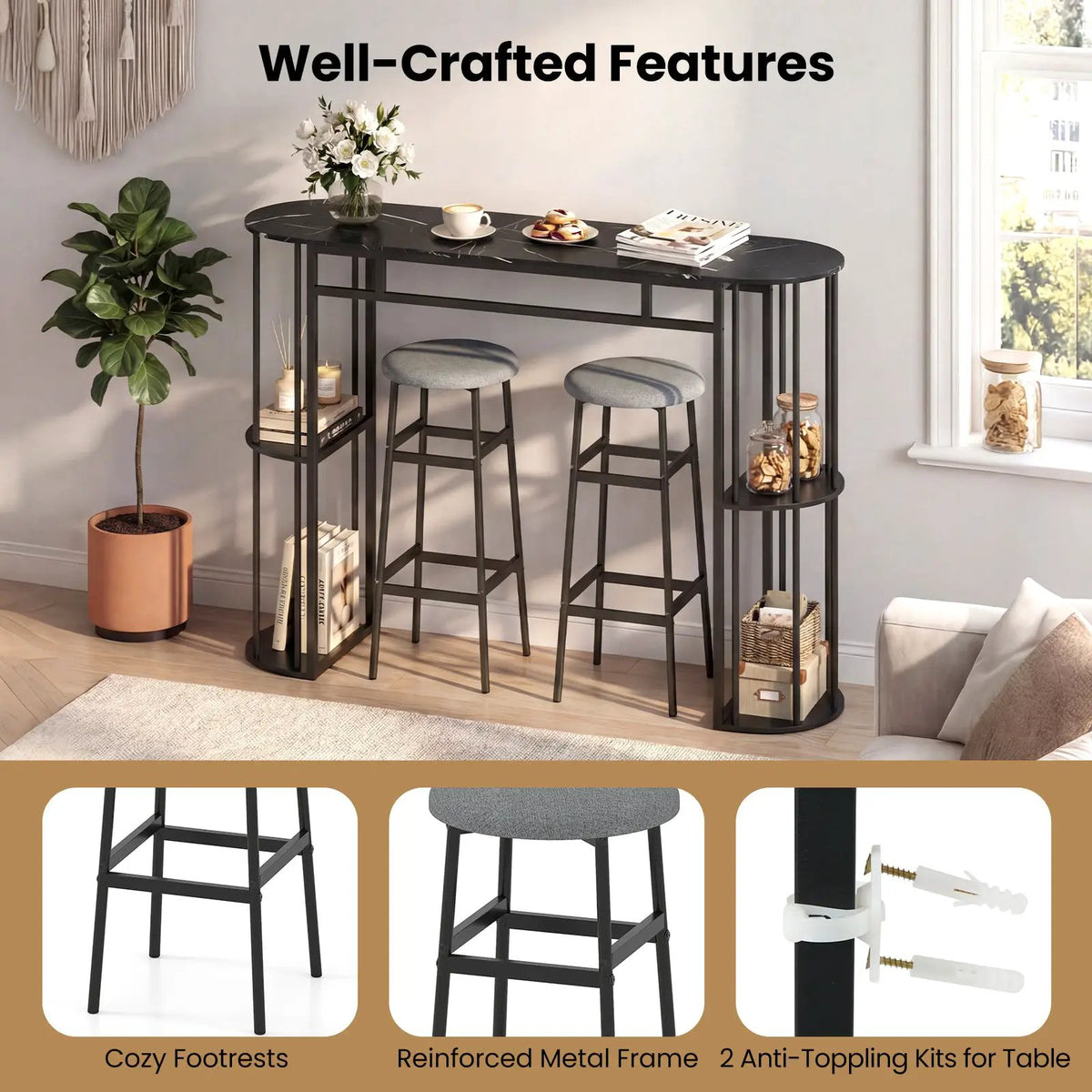 60 Inch Dining Table and 2 Upholstered Barstools with Faux Marble Tabletop by DirectDeals