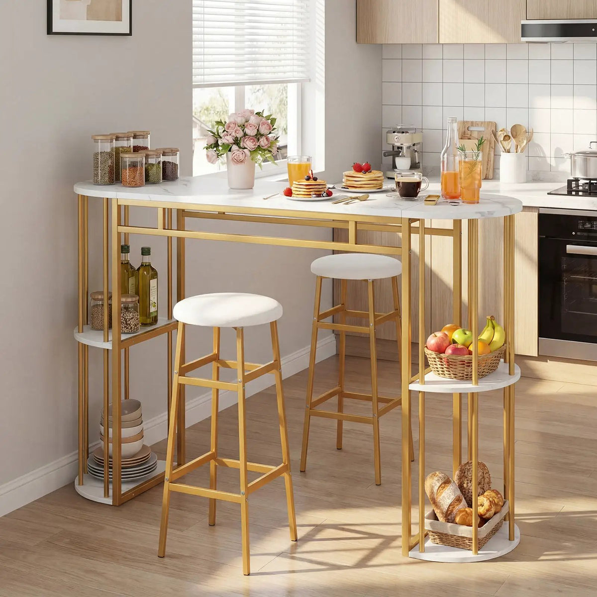 60 Inch Dining Table and 2 Upholstered Barstools with Faux Marble Tabletop by DirectDeals