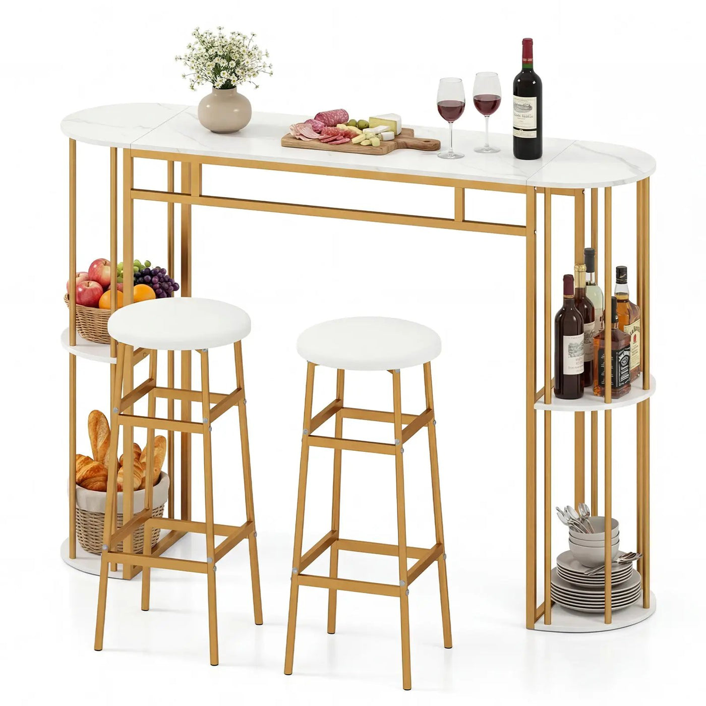 60 Inch Dining Table and 2 Upholstered Barstools with Faux Marble Tabletop by DirectDeals