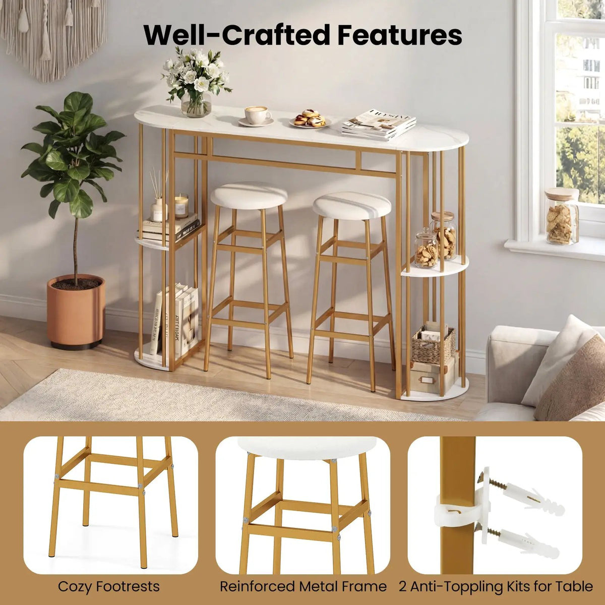 60 Inch Dining Table and 2 Upholstered Barstools with Faux Marble Tabletop by DirectDeals
