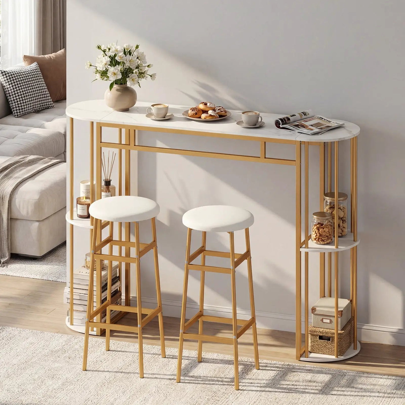 60 Inch Dining Table and 2 Upholstered Barstools with Faux Marble Tabletop by DirectDeals
