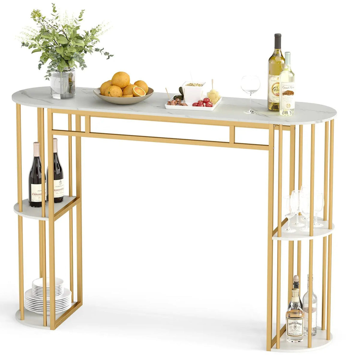 60 Inch Long Bar Table Narrow with Faux Marble Tabletop and Storage Shelves, photo 5 of 16