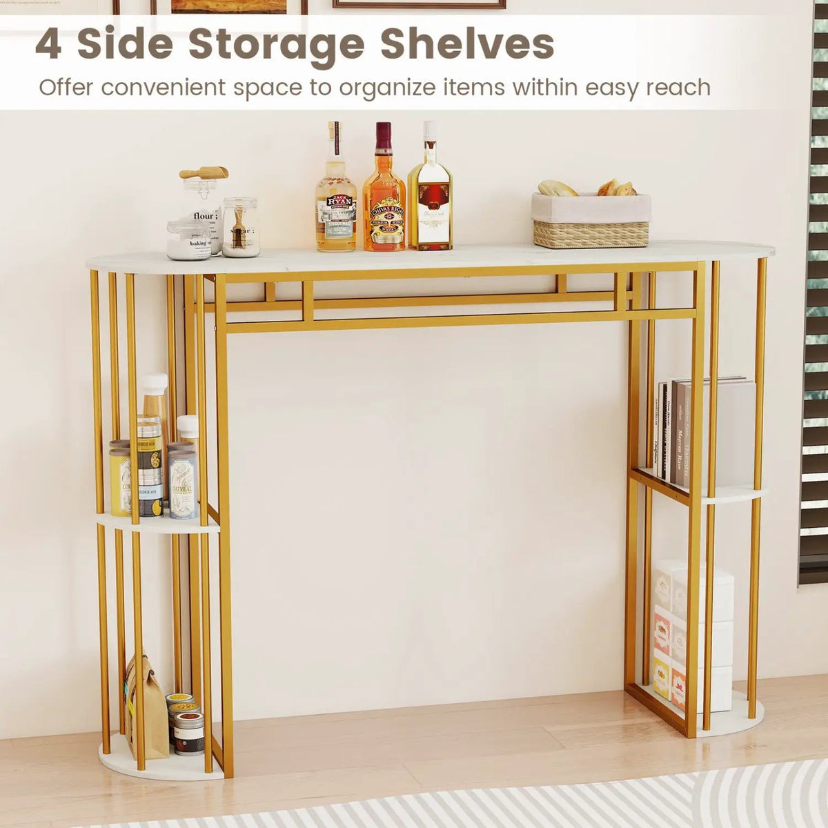 60 Inch Long Bar Table Narrow with Faux Marble Tabletop and Storage Shelves, photo 15 of 16
