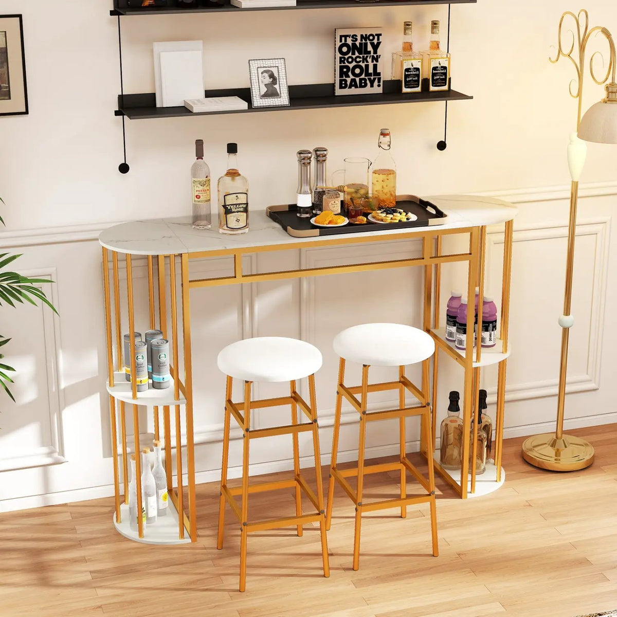 60 Inch Long Bar Table Narrow with Faux Marble Tabletop and Storage Shelves