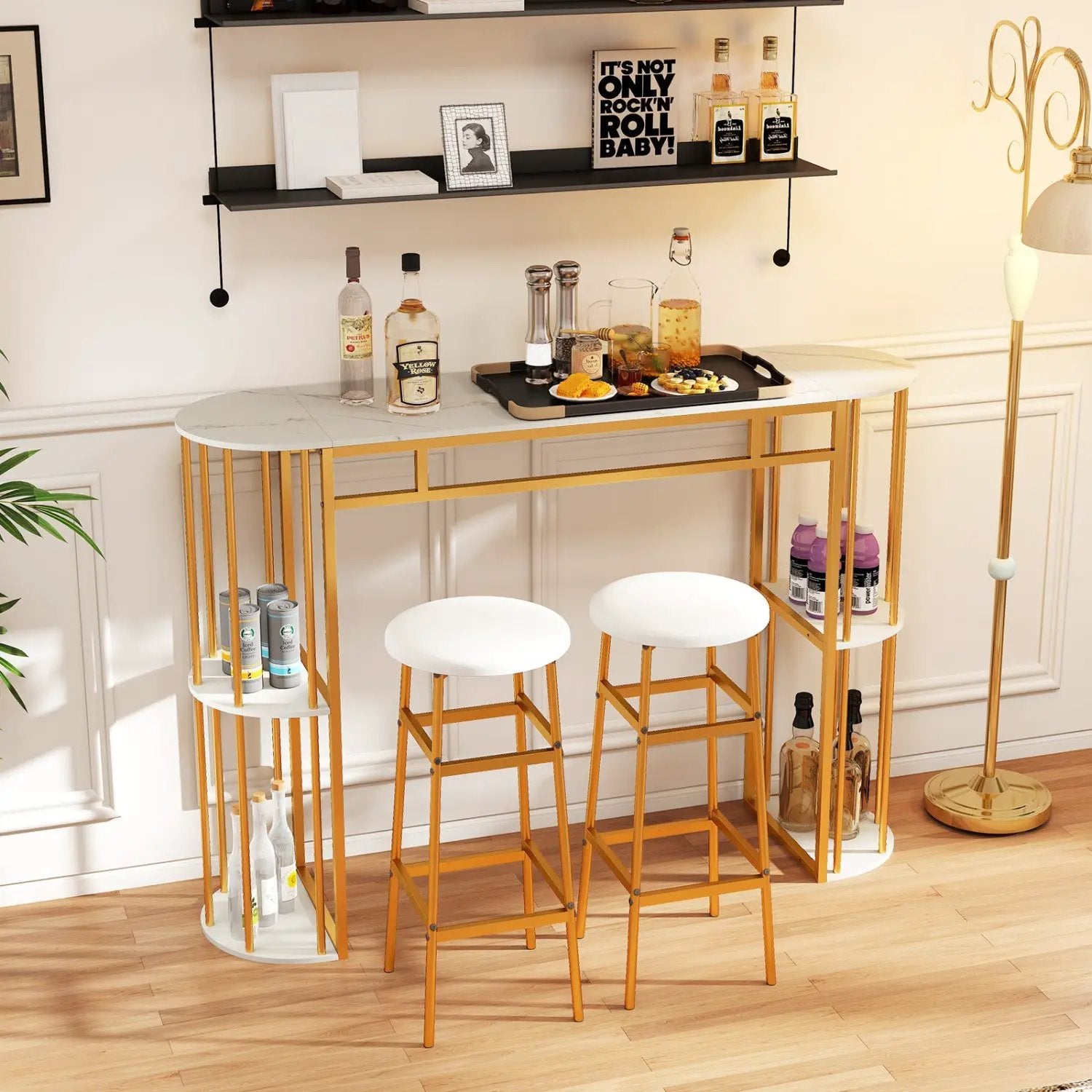 60 Inch Long Bar Table Narrow with Faux Marble Tabletop and Storage Shelves by DirectDeals