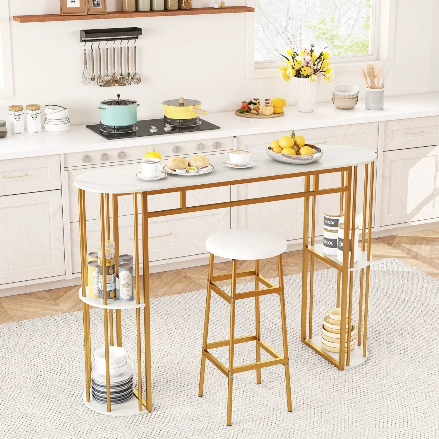 60 Inch Long Bar Table Narrow with Faux Marble Tabletop and Storage Shelves by DirectDeals