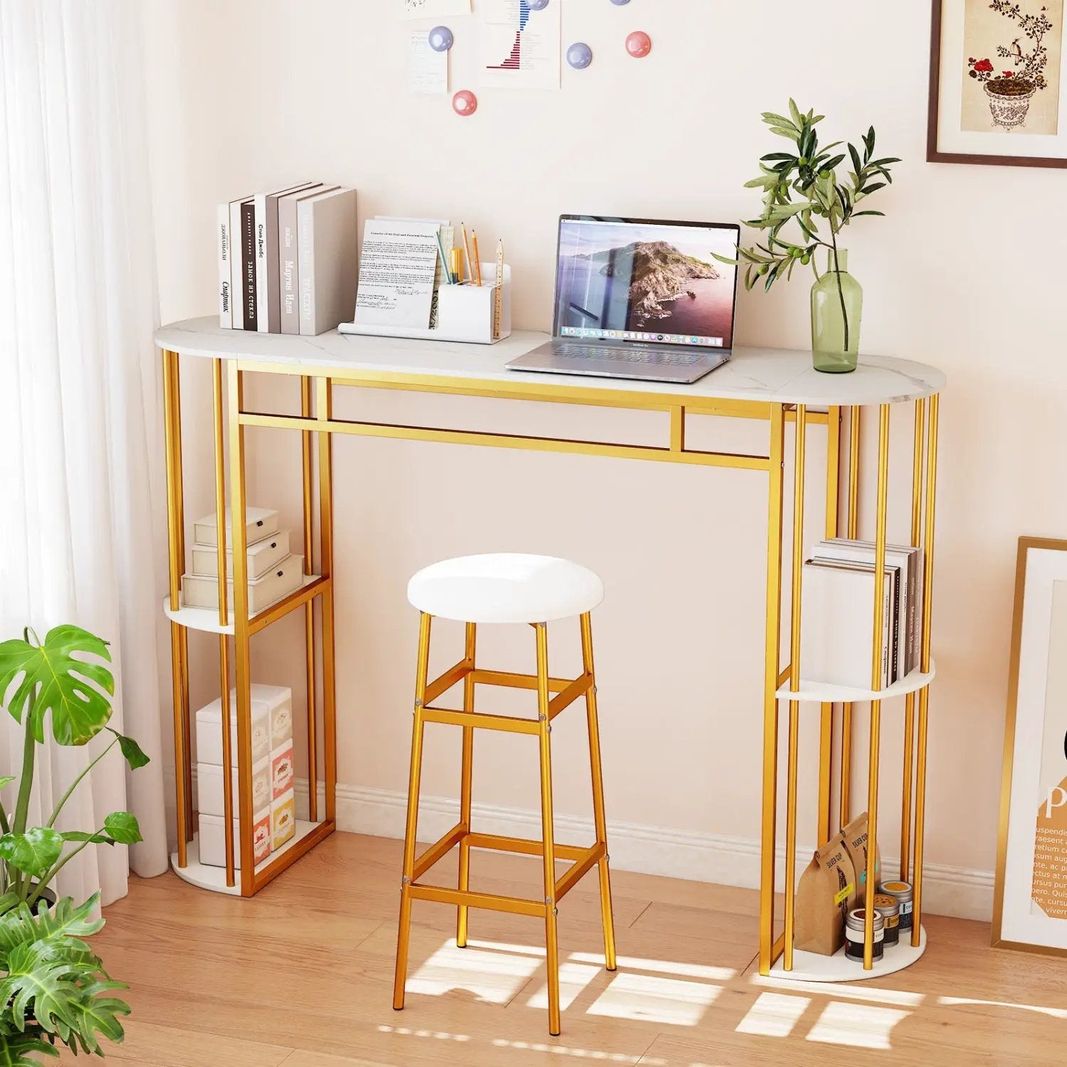 60 Inch Long Bar Table Narrow with Faux Marble Tabletop and Storage Shelves by DirectDeals