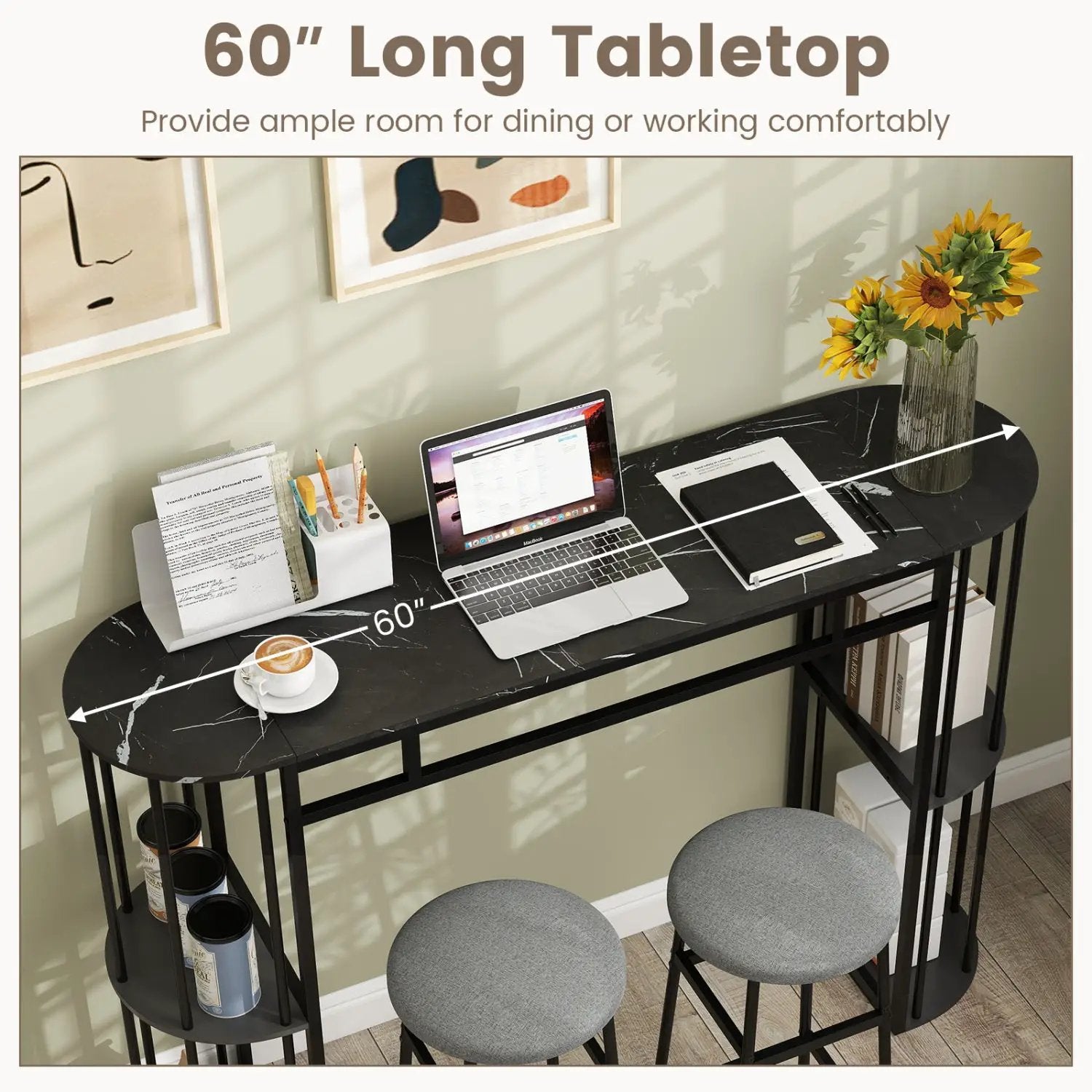 60 Inch Long Bar Table Narrow with Faux Marble Tabletop and Storage Shelves by DirectDeals