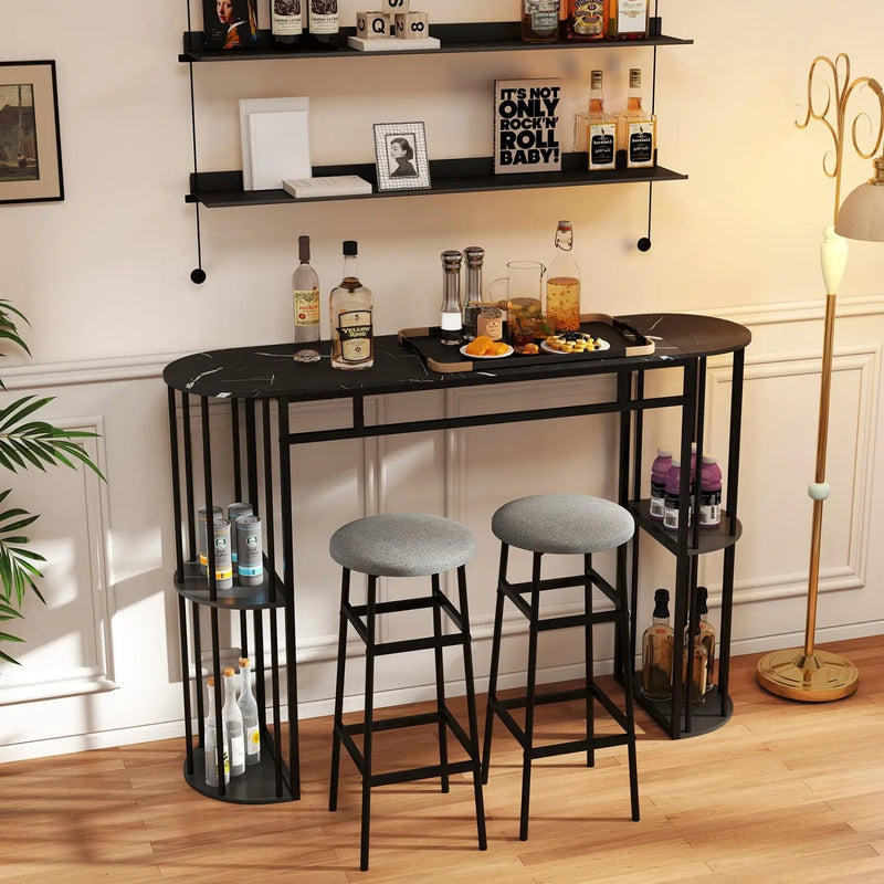 60 Inch Long Bar Table Narrow with Faux Marble Tabletop and Storage Shelves by DirectDeals
