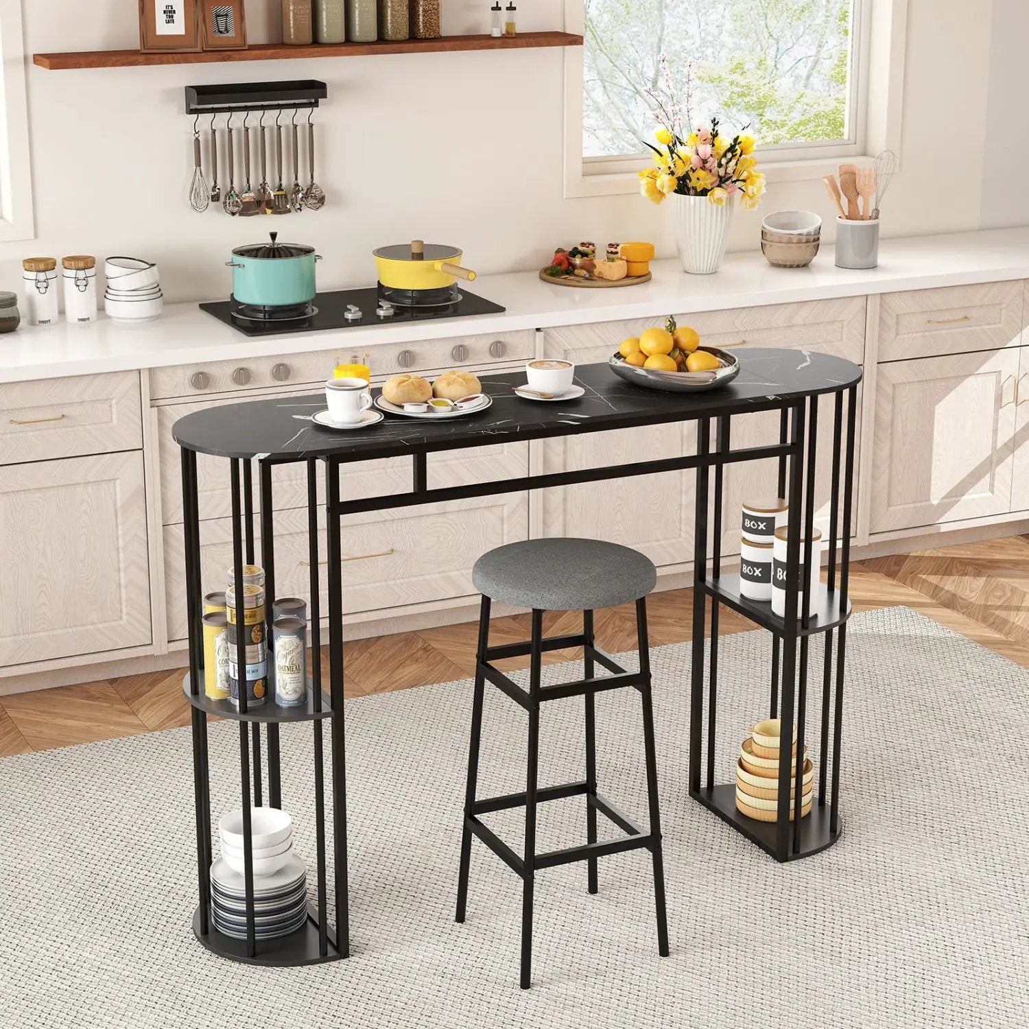 60 Inch Long Bar Table Narrow with Faux Marble Tabletop and Storage Shelves by DirectDeals