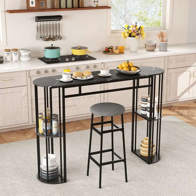 60 Inch Long Bar Table Narrow with Faux Marble Tabletop and Storage Shelves by DirectDeals