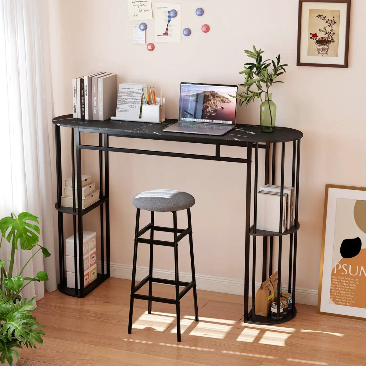 60 Inch Long Bar Table Narrow with Faux Marble Tabletop and Storage Shelves, photo 12 of 16