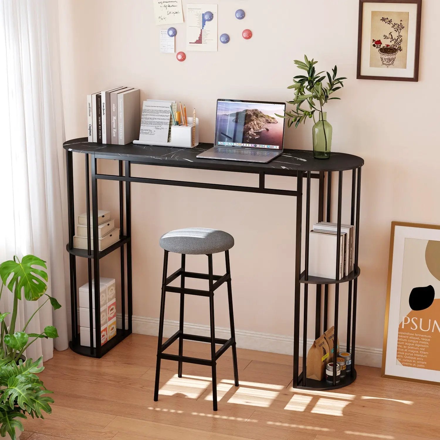 60 Inch Long Bar Table Narrow with Faux Marble Tabletop and Storage Shelves by DirectDeals