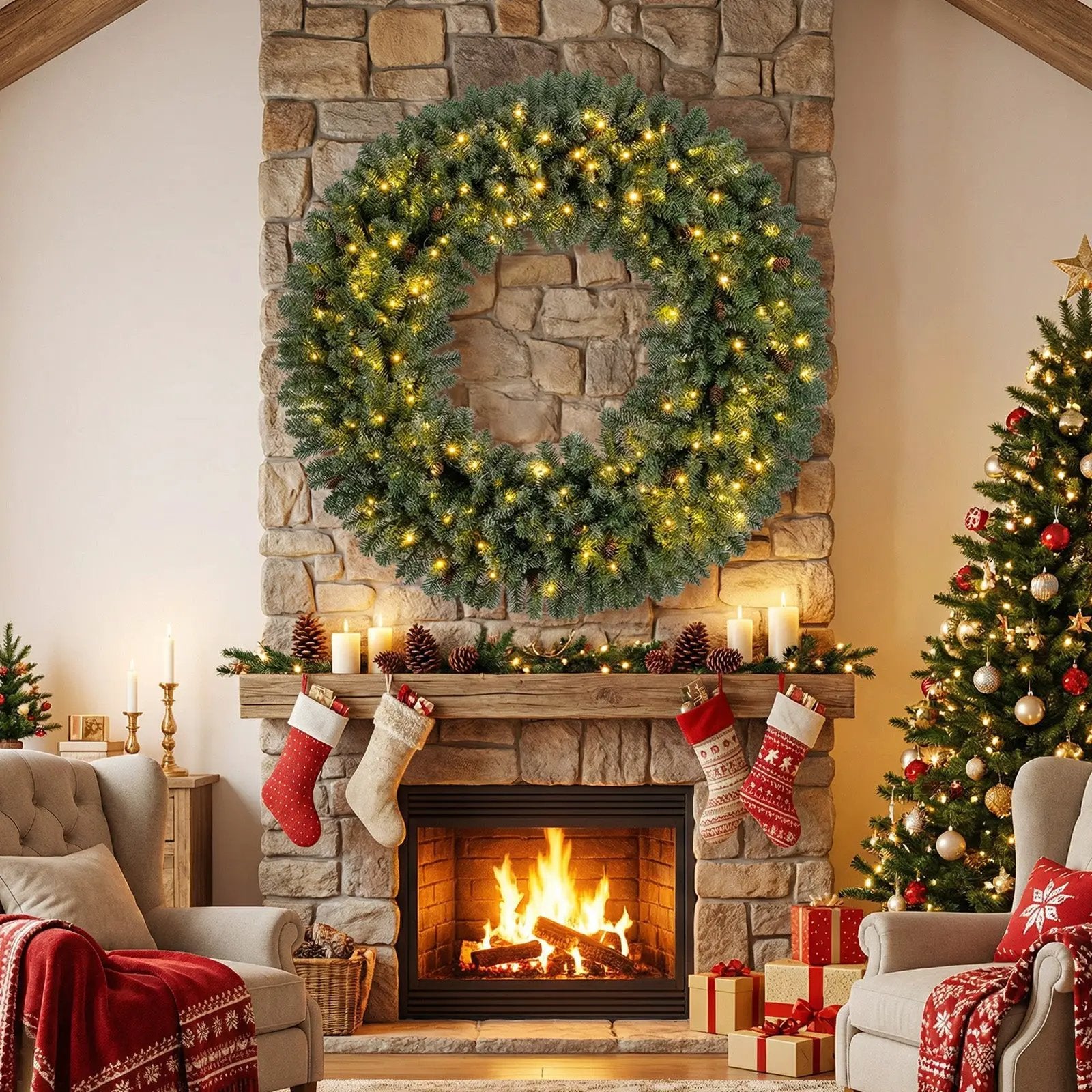 60 Inch Pre-Lit Artificial Christmas Wreath 200 LED Warm White Lights by DirectDeals