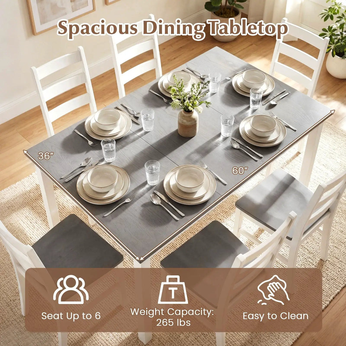 60 Inch Rectangular Dinner Table with Solid Rubber Wood Legs, photo 14 of 16