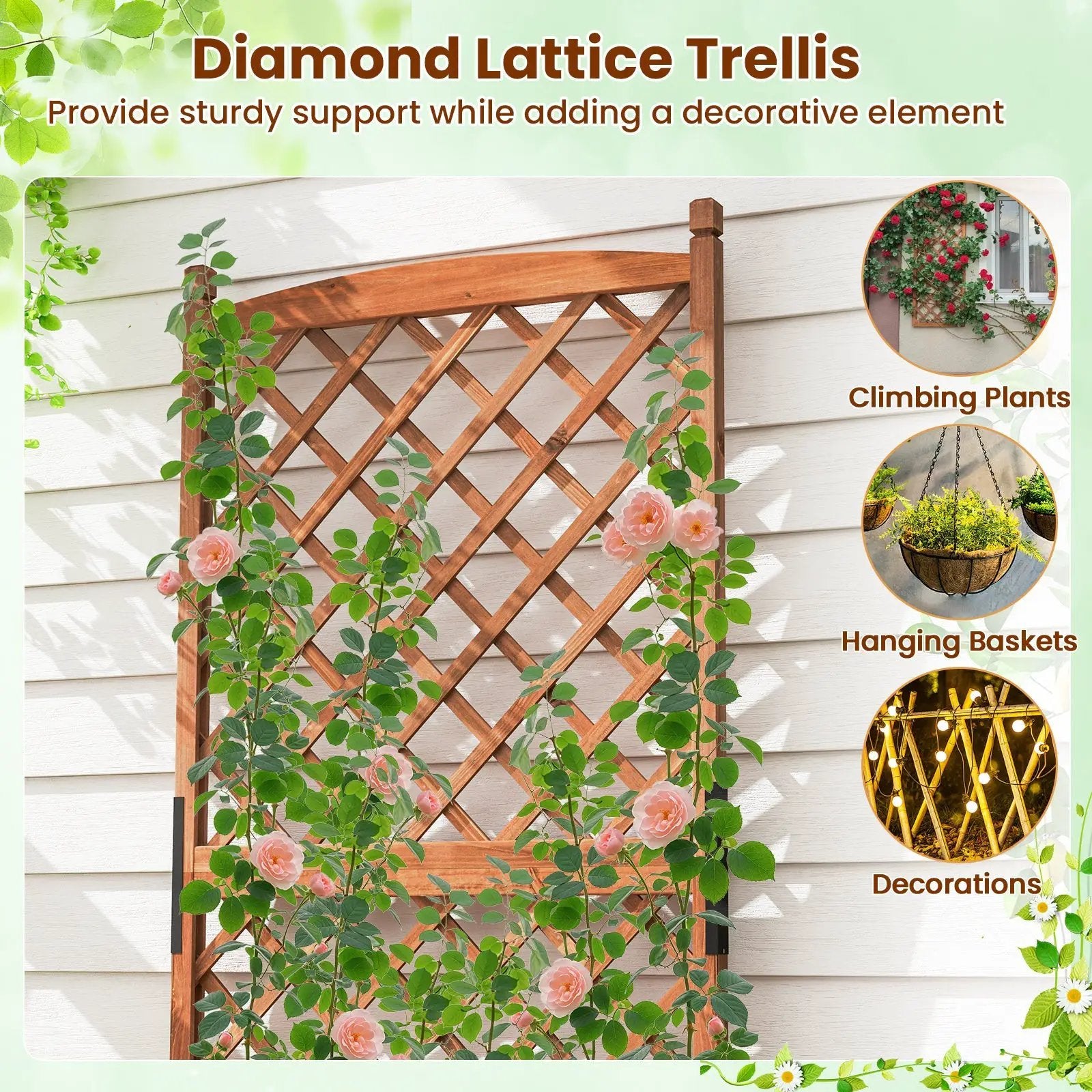 60 Inch Tall Raised Garden Bed with Diamond Lattice Trellis and Drainage Holes by DirectDeals
