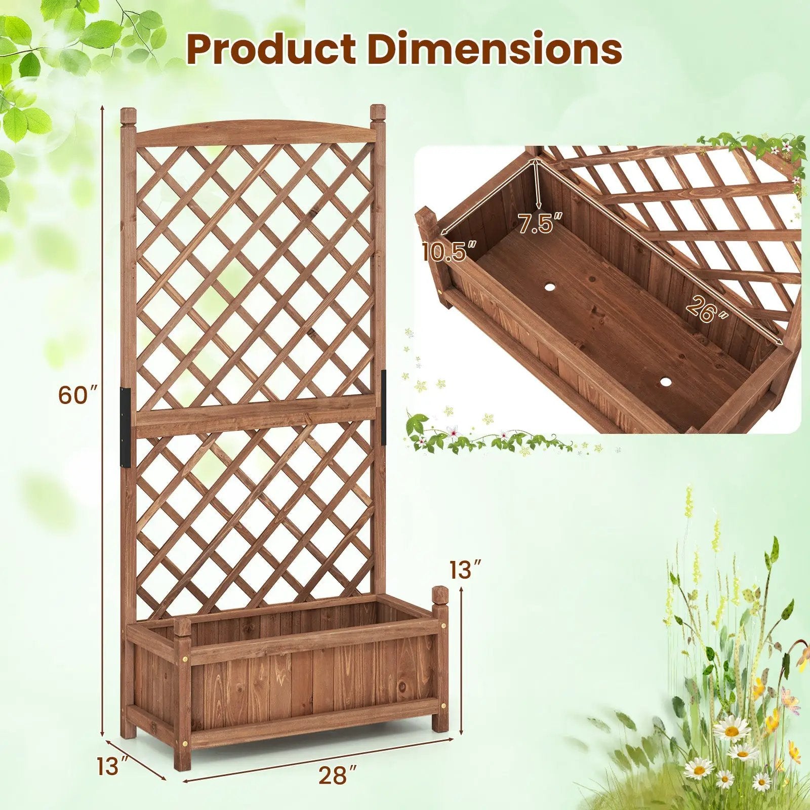 60 Inch Tall Raised Garden Bed with Diamond Lattice Trellis and Drainage Holes by DirectDeals