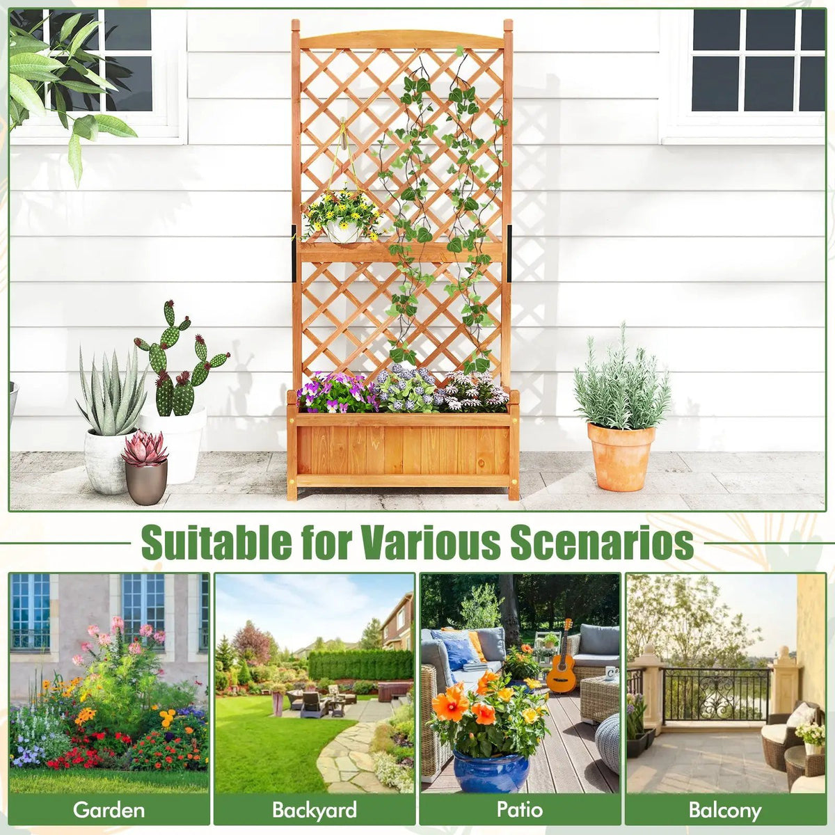 60 Inch Tall Raised Garden Bed with Diamond Lattice Trellis and Drainage Holes, photo 16 of 16