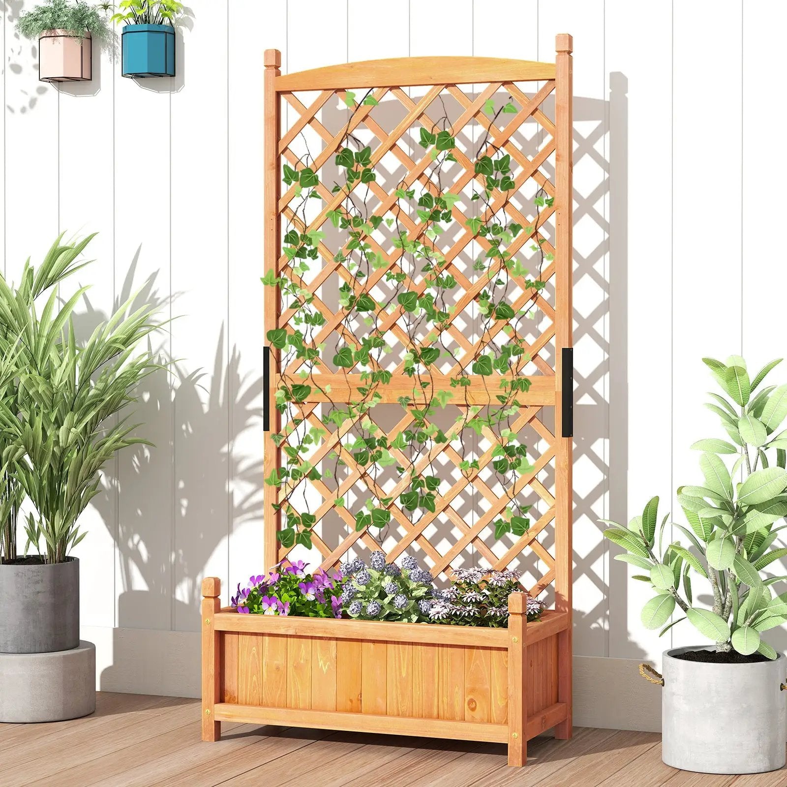 60 Inch Tall Raised Garden Bed with Diamond Lattice Trellis and Drainage Holes by DirectDeals