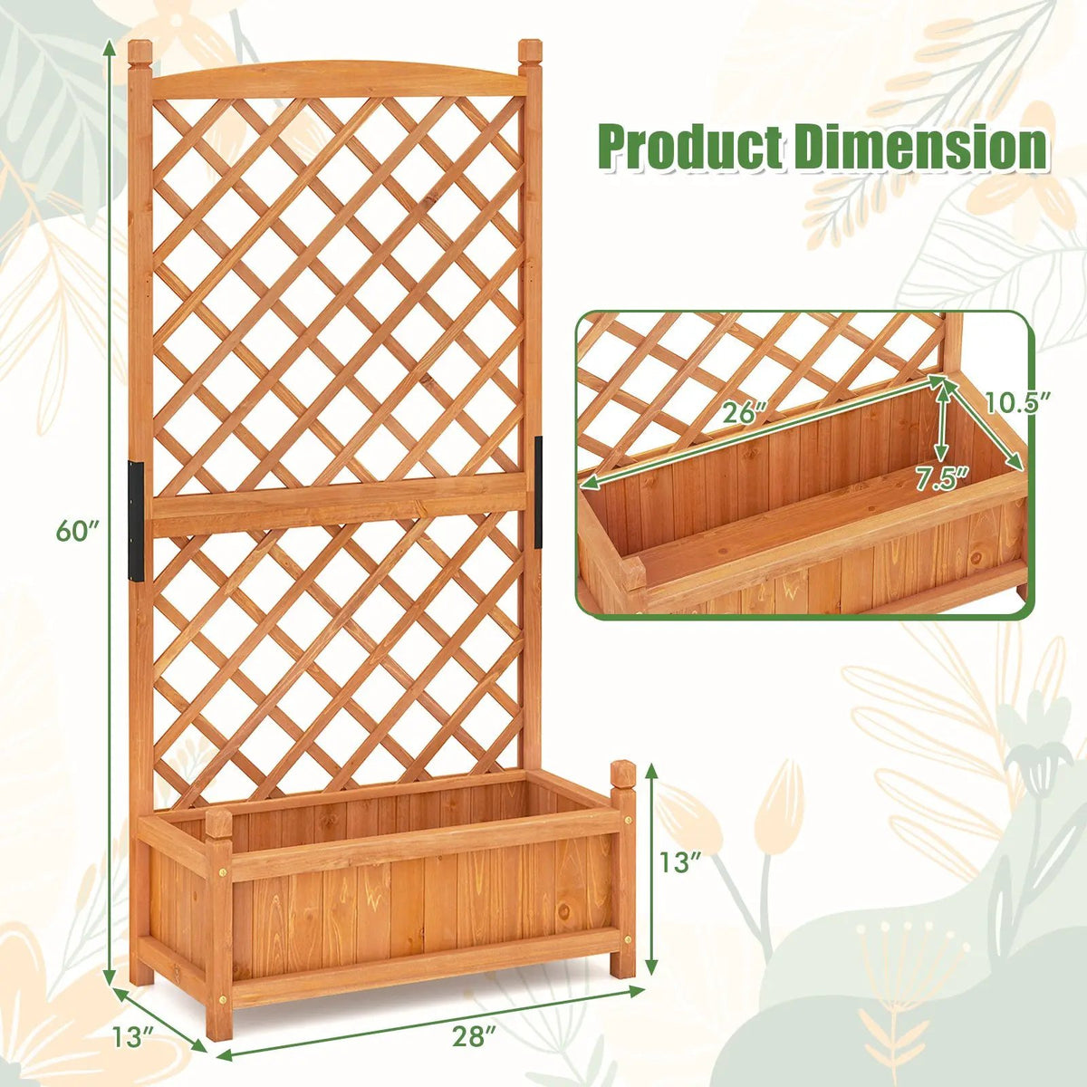 60 Inch Tall Raised Garden Bed with Diamond Lattice Trellis and Drainage Holes, photo 7 of 16