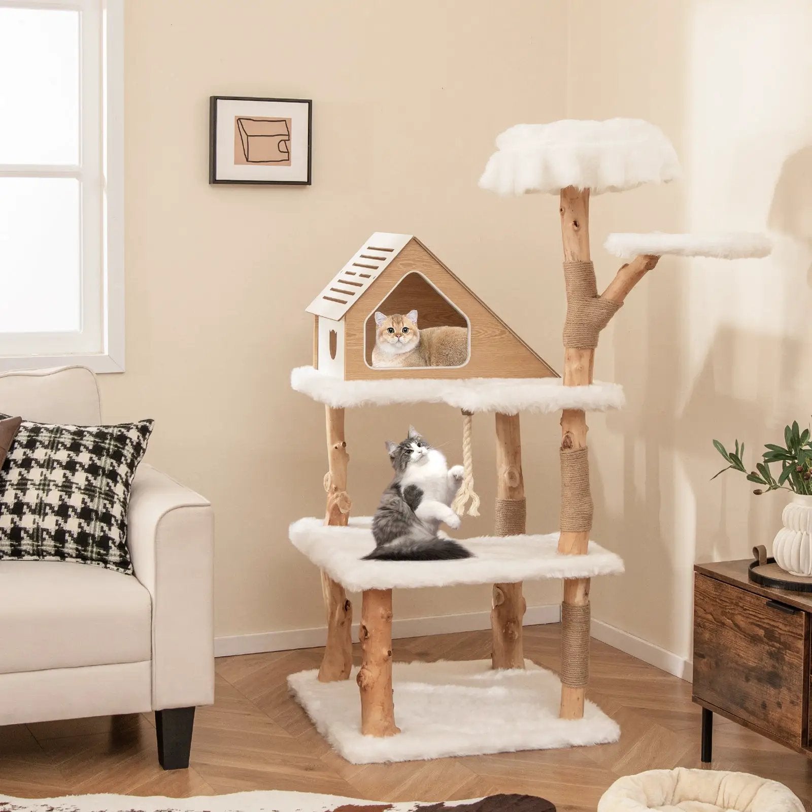 60 Inch Tall Solid Wood Cat Tree Modern Wooden Cat Tower with 2 Perches-White by DirectDeals