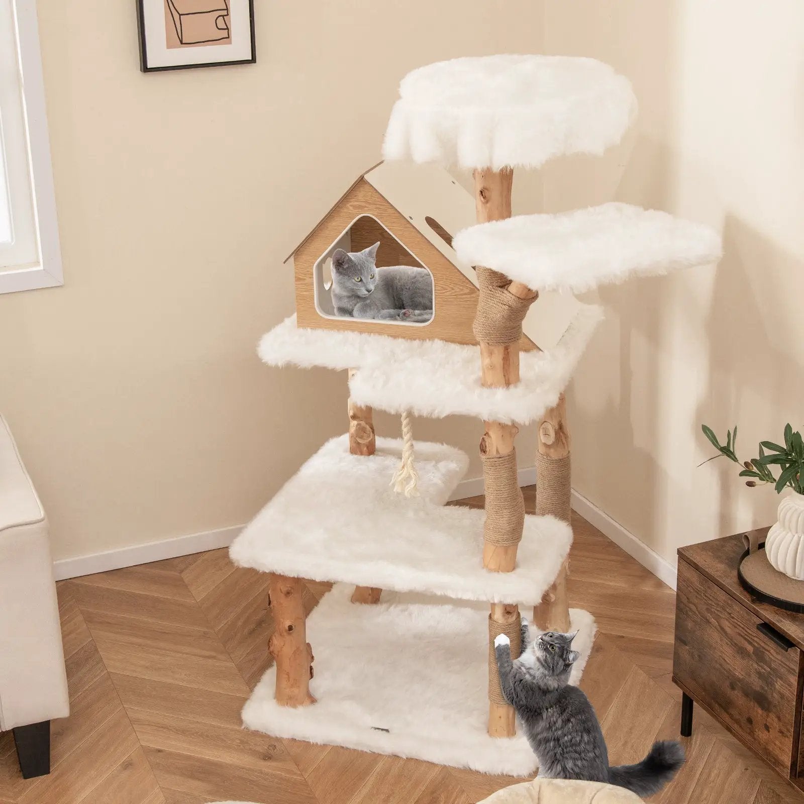 60 Inch Tall Solid Wood Cat Tree Modern Wooden Cat Tower with 2 Perches-White by DirectDeals
