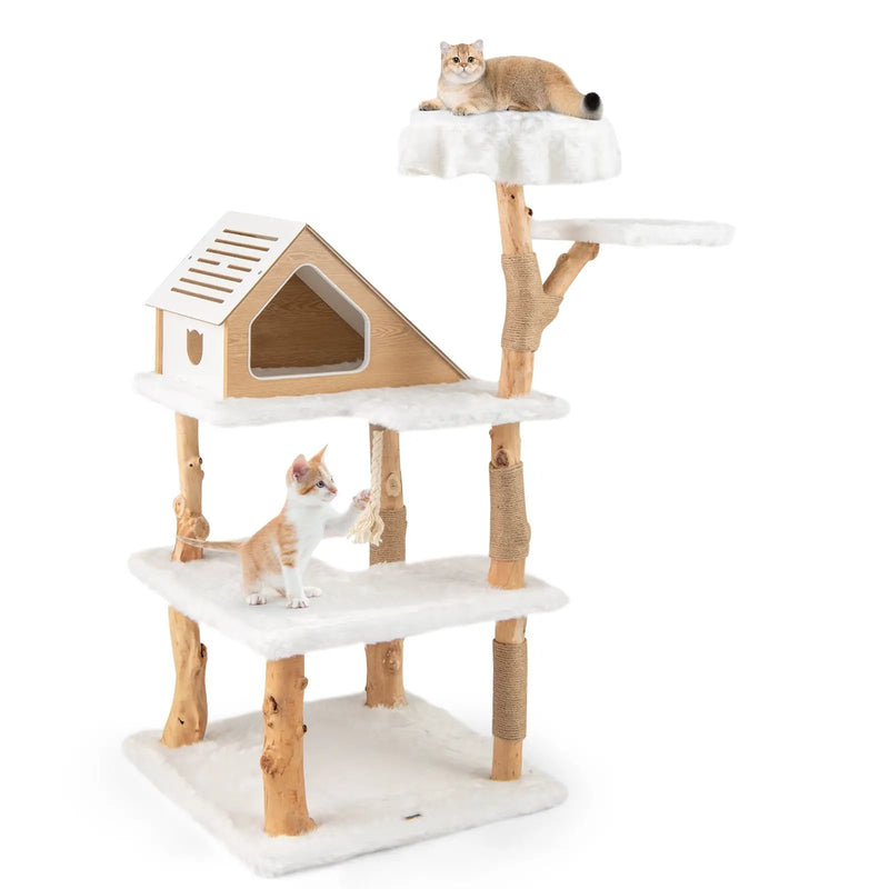 60 Inch Tall Solid Wood Cat Tree Modern Wooden Cat Tower with 2 Perches-White by DirectDeals