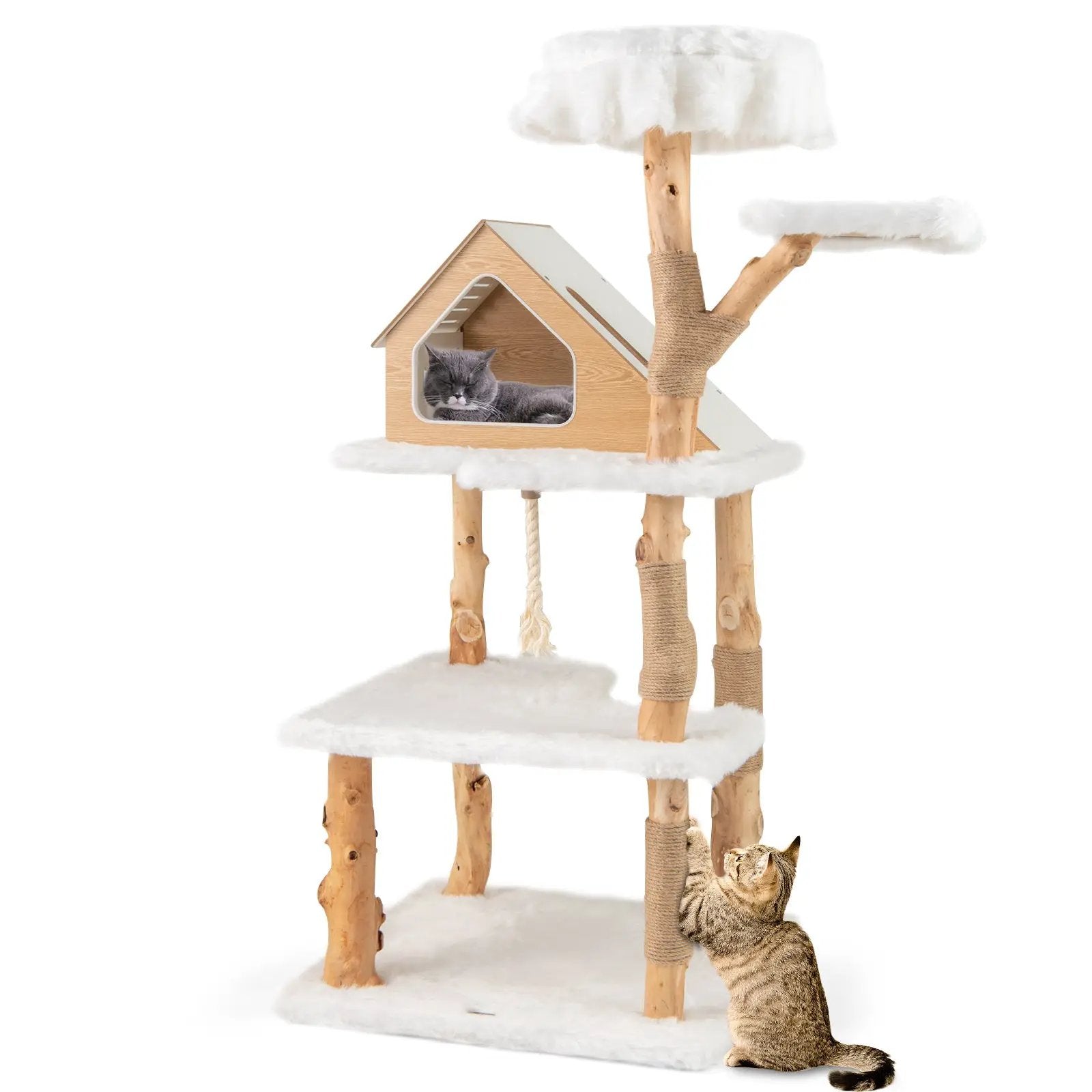 60 Inch Tall Solid Wood Cat Tree Modern Wooden Cat Tower with 2 Perches-White by DirectDeals