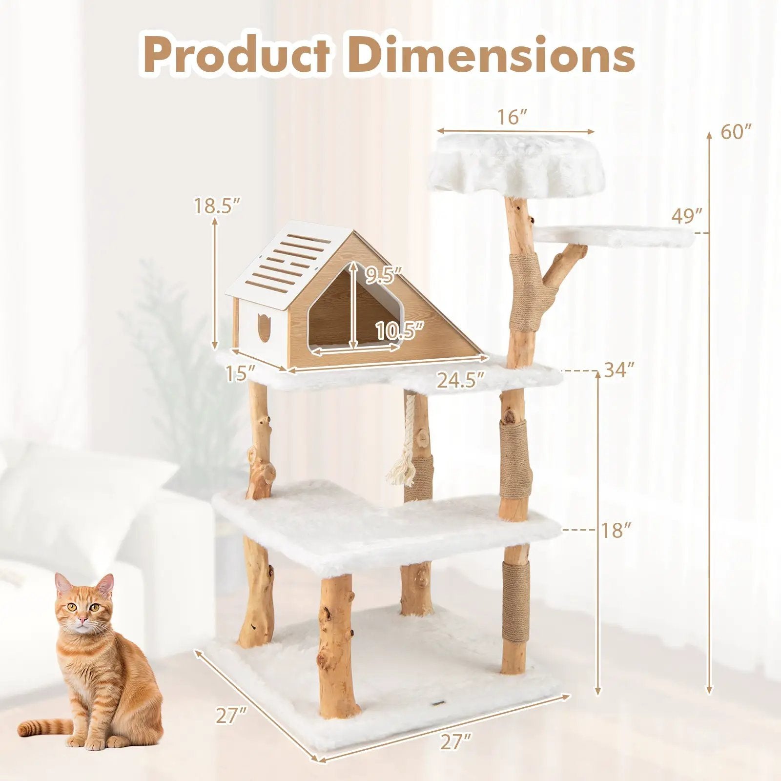 60 Inch Tall Solid Wood Cat Tree Modern Wooden Cat Tower with 2 Perches-White by DirectDeals