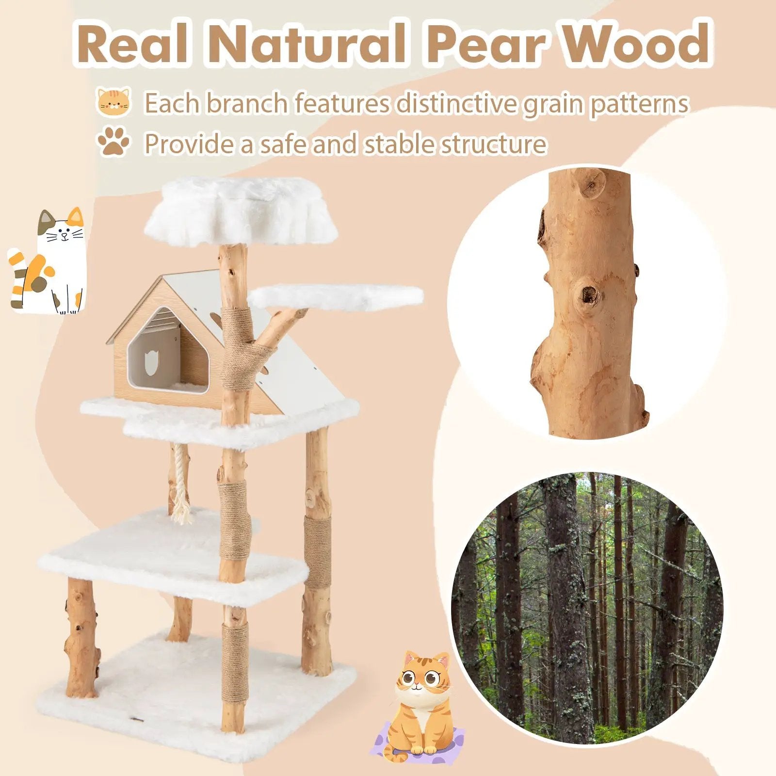 60 Inch Tall Solid Wood Cat Tree Modern Wooden Cat Tower with 2 Perches-White by DirectDeals