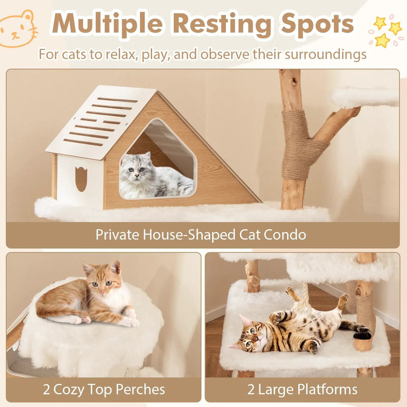 60 Inch Tall Solid Wood Cat Tree Modern Wooden Cat Tower with 2 Perches-White by DirectDeals