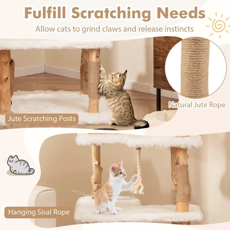 60 Inch Tall Solid Wood Cat Tree Modern Wooden Cat Tower with 2 Perches-White by DirectDeals