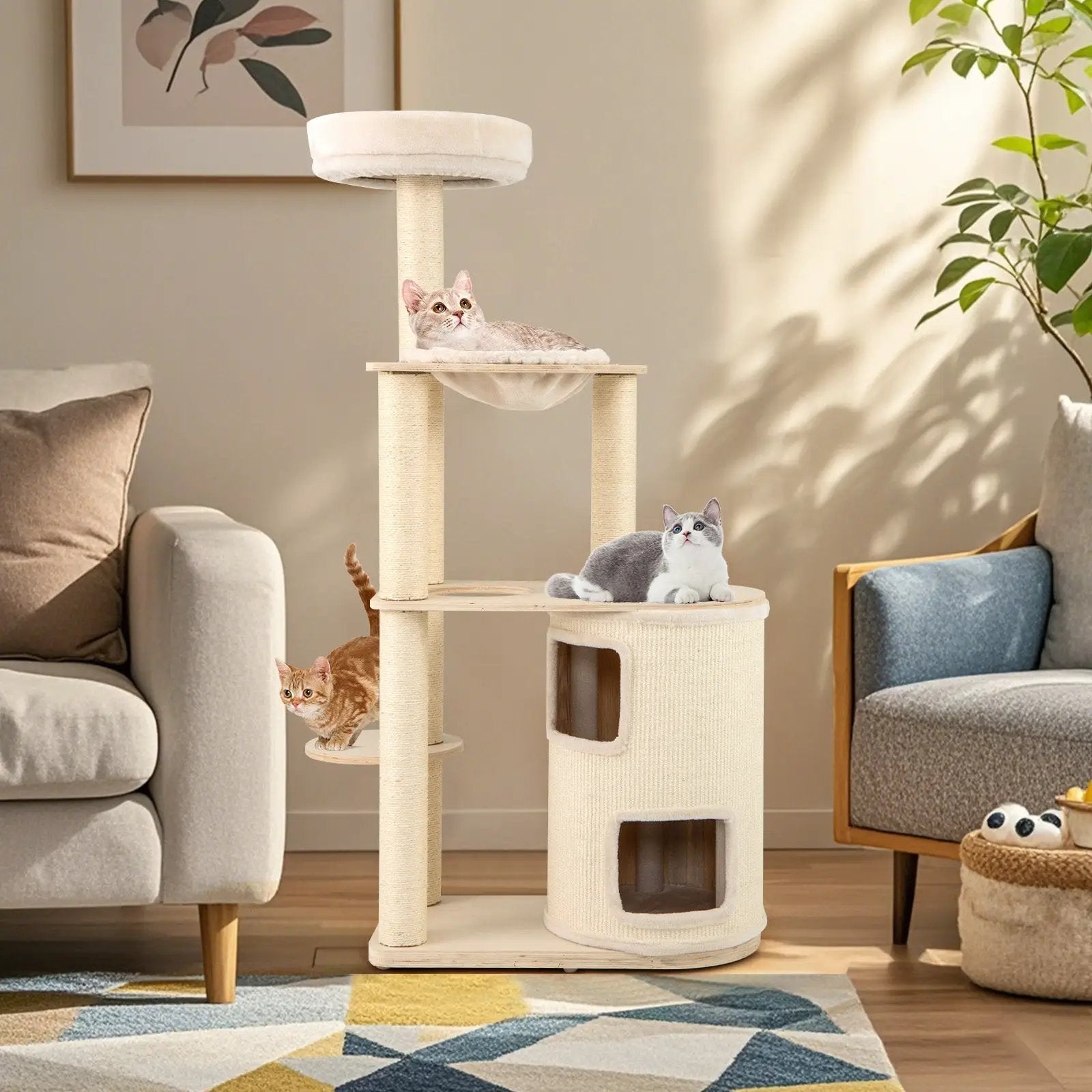 60 Inches Tall Cat Tree with 2-Story Condo and Sisal Scratching Posts-Natural by DirectDeals