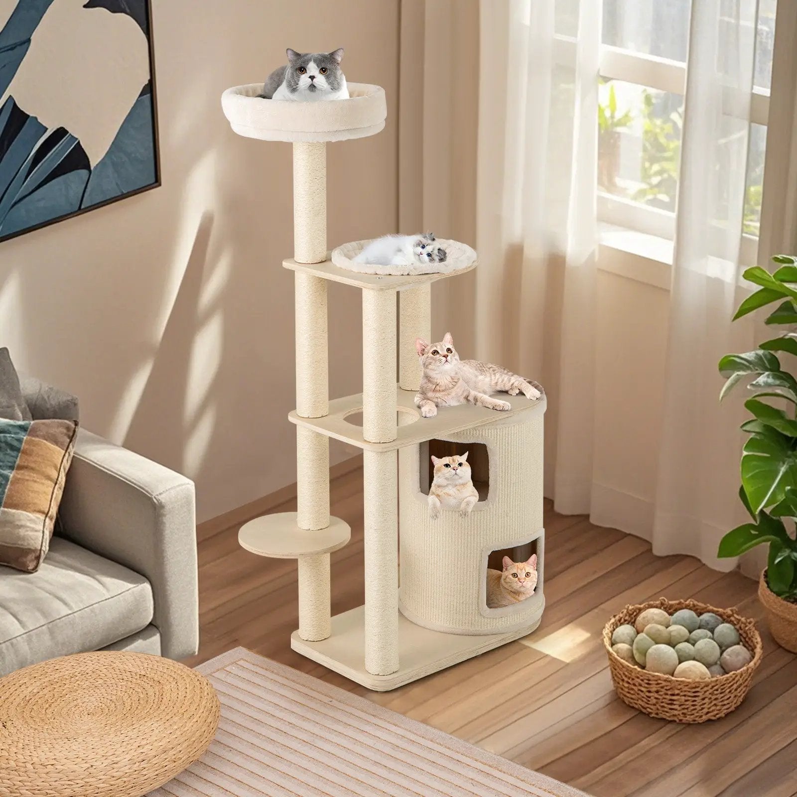 60 Inches Tall Cat Tree with 2-Story Condo and Sisal Scratching Posts-Natural by DirectDeals