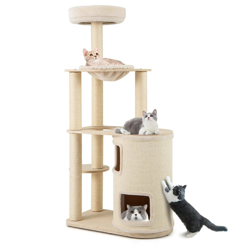 60 Inches Tall Cat Tree with 2-Story Condo and Sisal Scratching Posts-Natural by DirectDeals