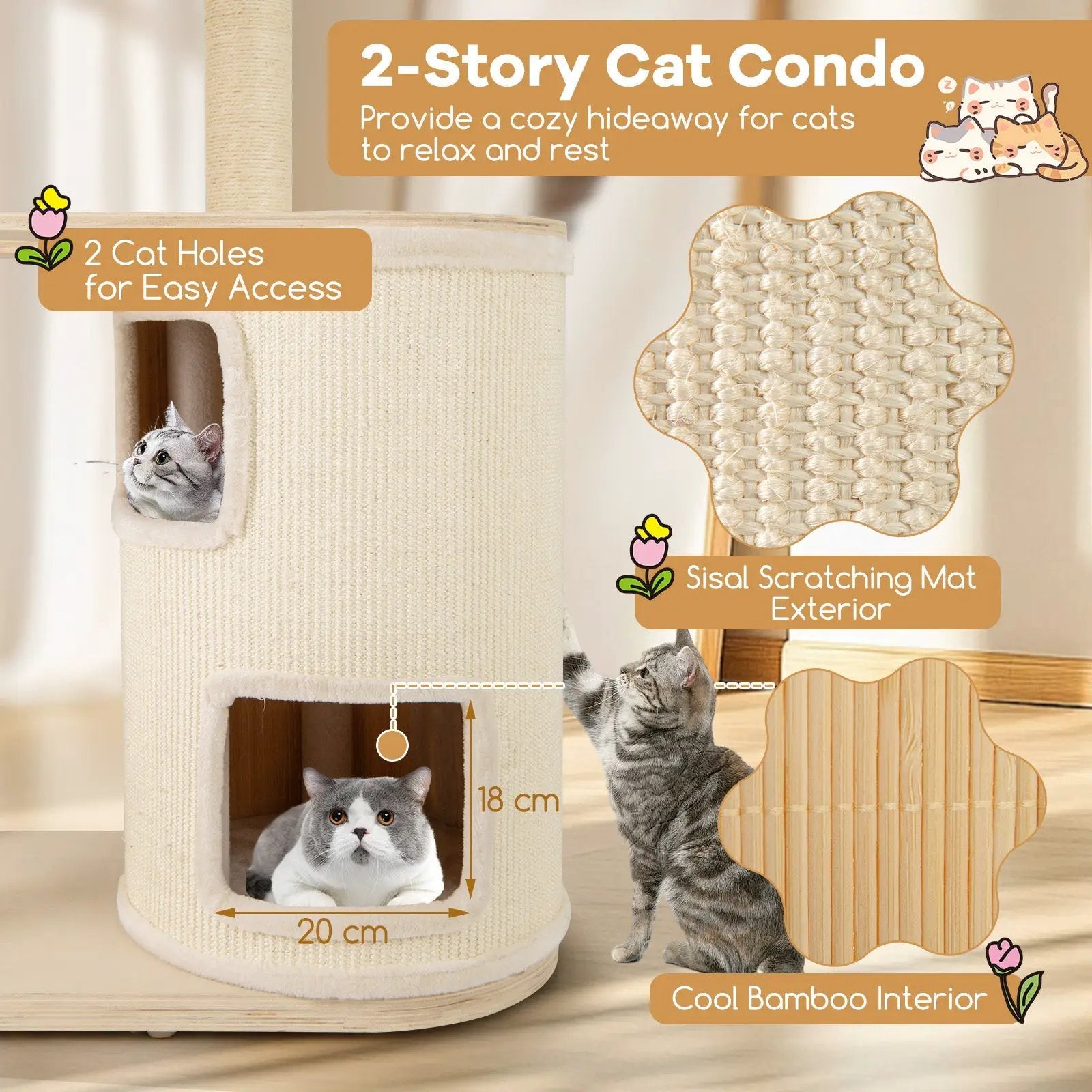 60 Inches Tall Cat Tree with 2-Story Condo and Sisal Scratching Posts-Natural by DirectDeals