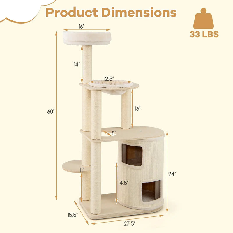60 Inches Tall Cat Tree with 2-Story Condo and Sisal Scratching Posts-Natural by DirectDeals
