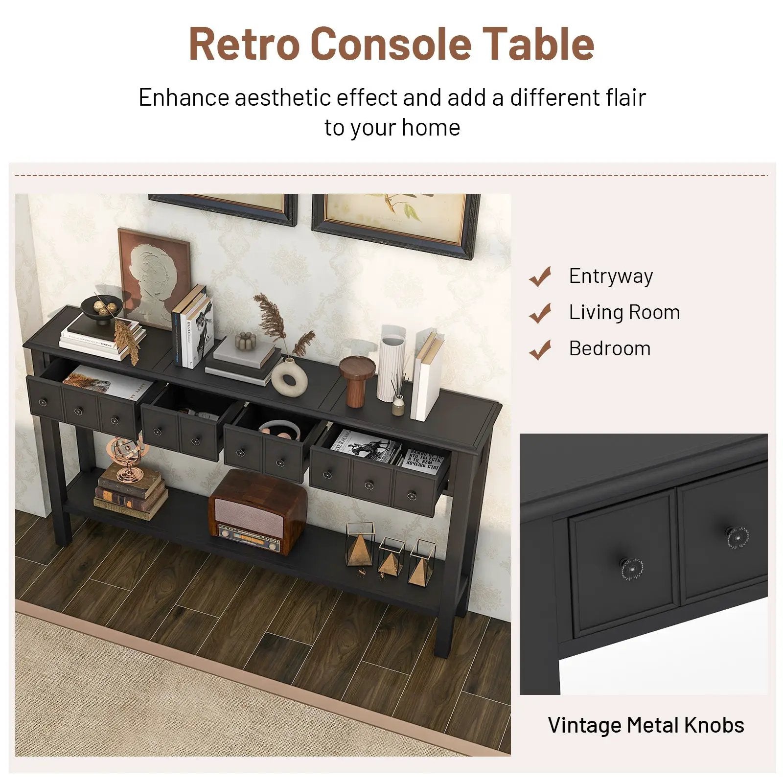 60 Inch Long Sofa Table with 4 Drawers and Open Shelf for Living Room by DirectDeals
