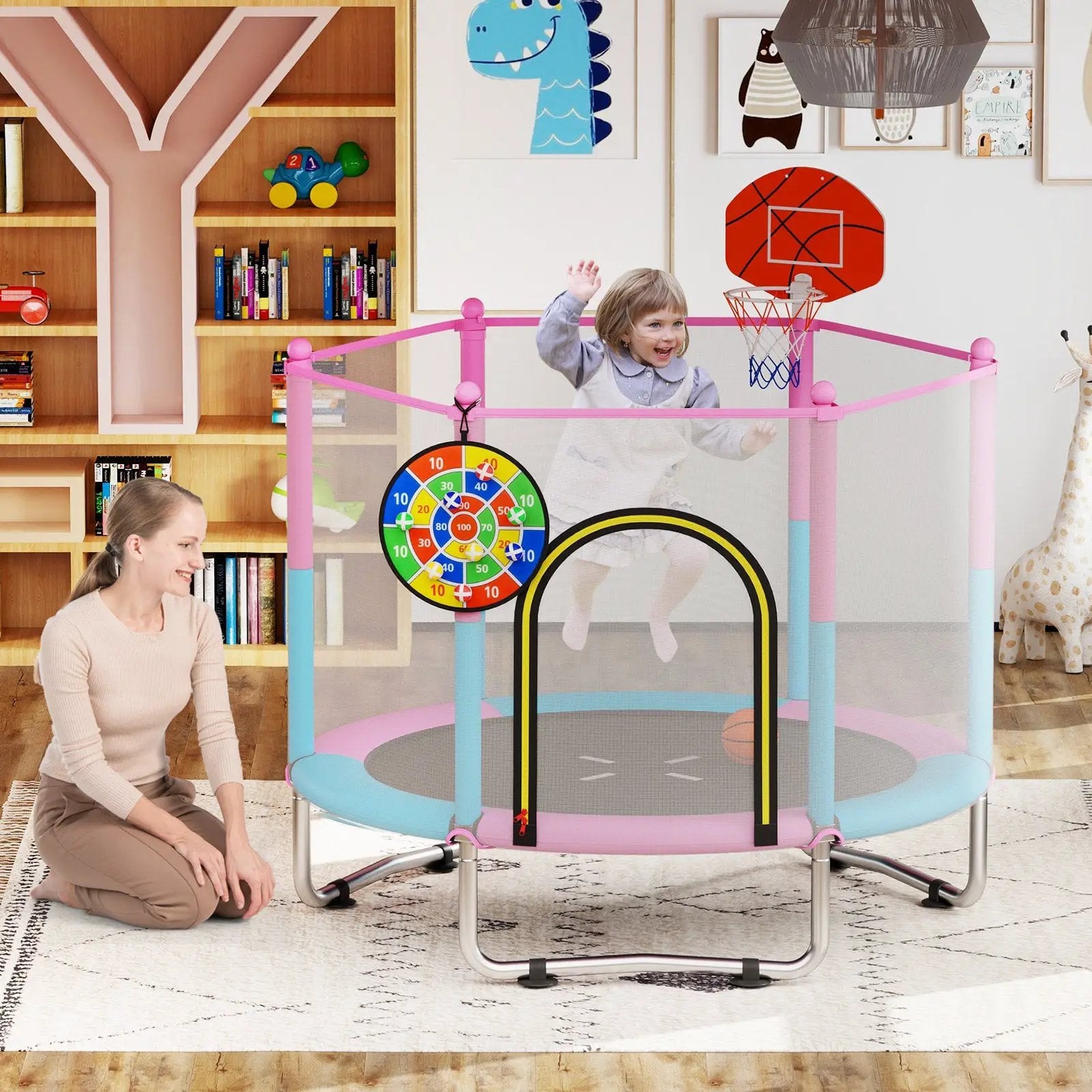 60 inch Kids Trampoline Toddler Recreational Trampoline with Basketball Hoop-Macaron by DirectDeals