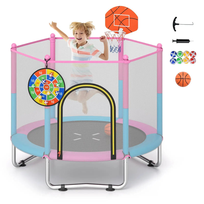 60 inch Kids Trampoline Toddler Recreational Trampoline with Basketball Hoop-Macaron by DirectDeals