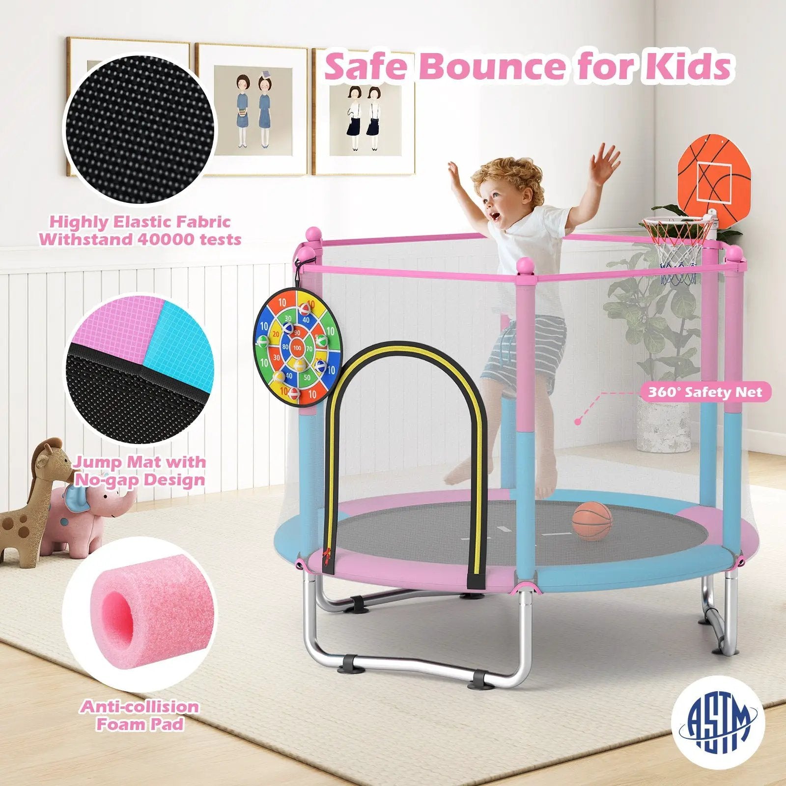 60 inch Kids Trampoline Toddler Recreational Trampoline with Basketball Hoop-Macaron by DirectDeals