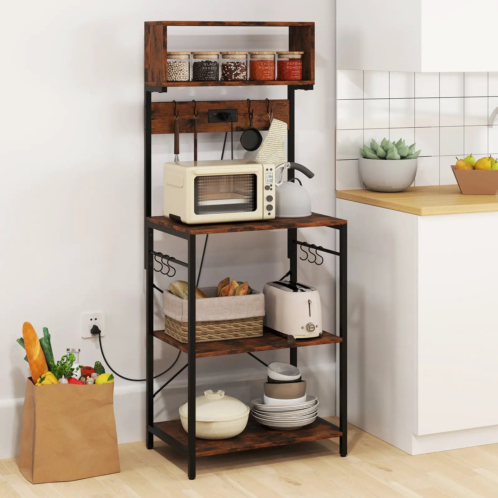 60 Inch Tall Microwave Stand with Open Shelves and 10 Hanging Hooks-Rustic Brown by DirectDeals