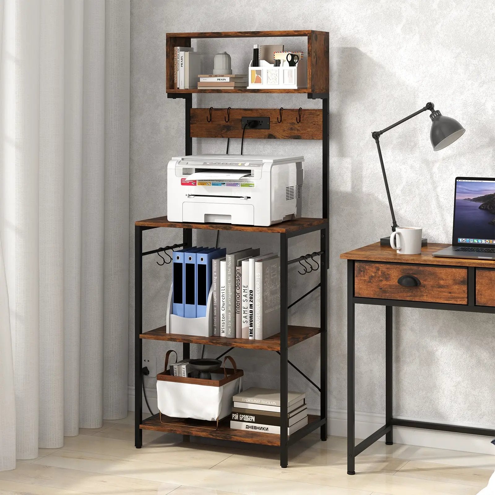 60 Inch Tall Microwave Stand with Open Shelves and 10 Hanging Hooks-Rustic Brown by DirectDeals