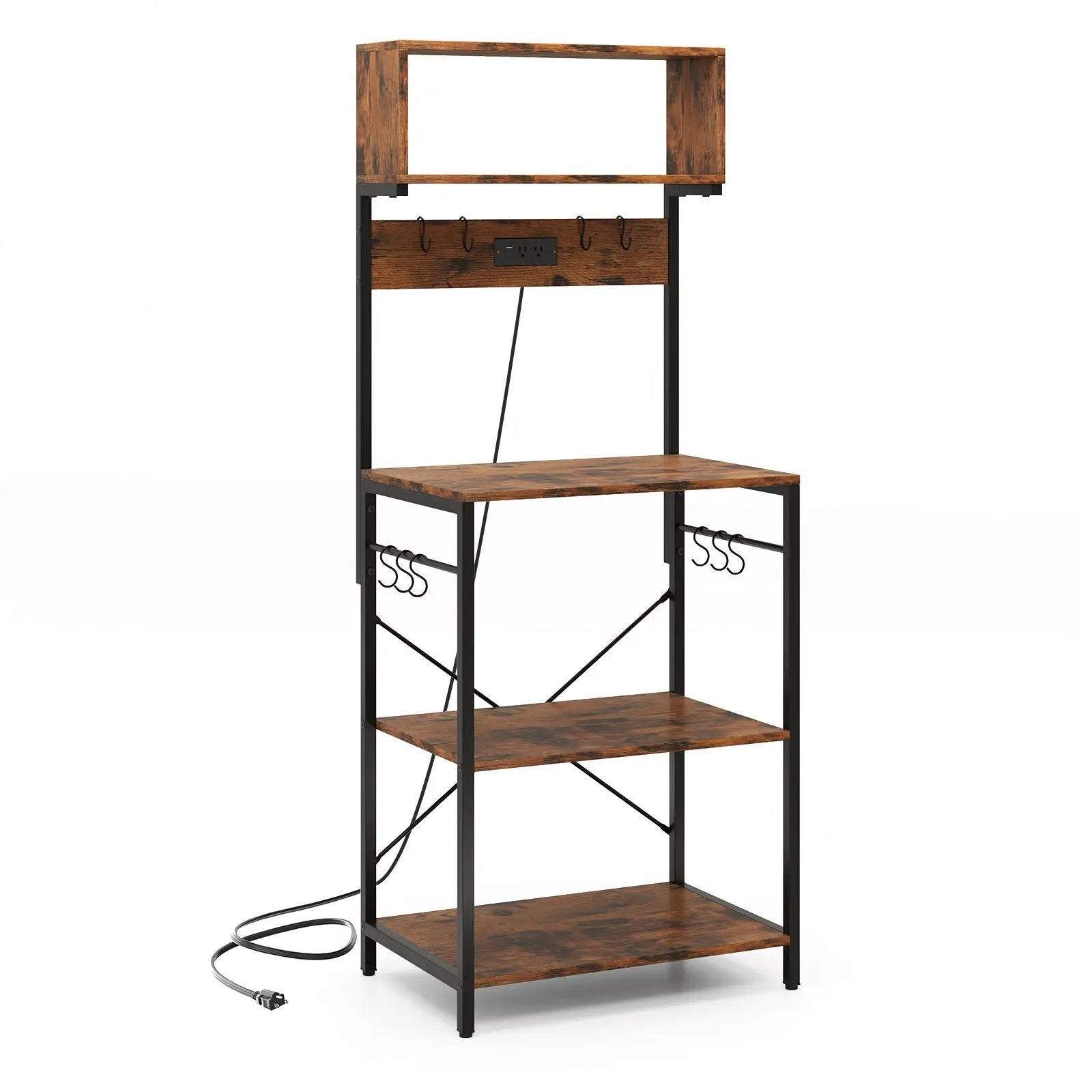 60 Inch Tall Microwave Stand with Open Shelves and 10 Hanging Hooks-Rustic Brown by DirectDeals