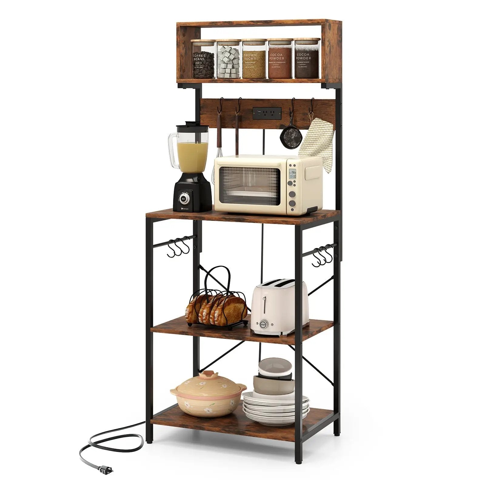 60 Inch Tall Microwave Stand with Open Shelves and 10 Hanging Hooks-Rustic Brown by DirectDeals