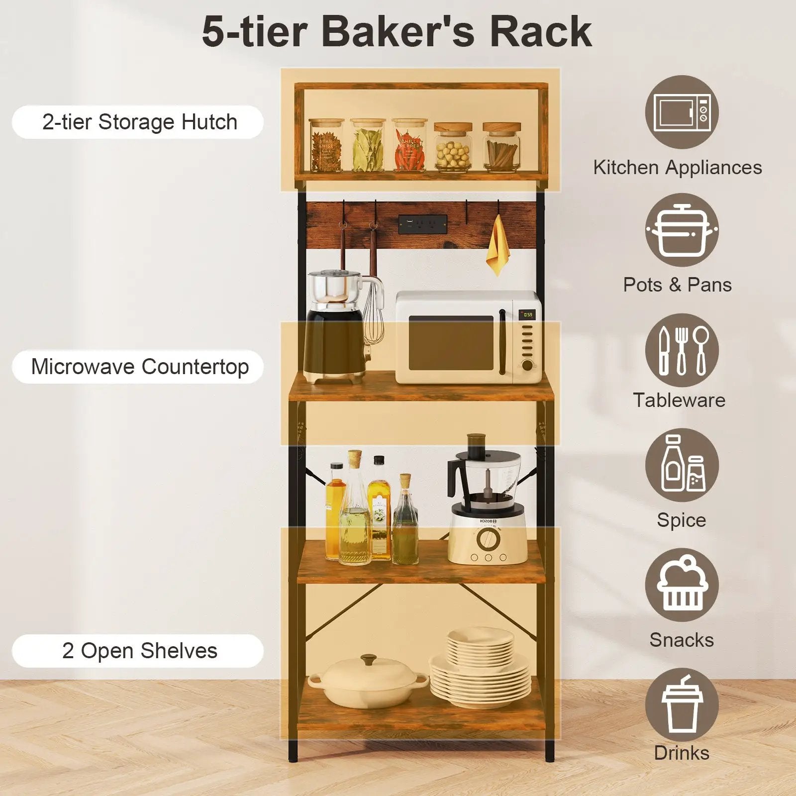 60 Inch Tall Microwave Stand with Open Shelves and 10 Hanging Hooks-Rustic Brown by DirectDeals