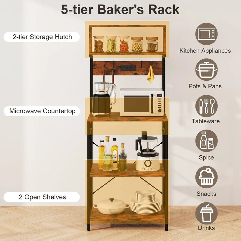 60 Inch Tall Microwave Stand with Open Shelves and 10 Hanging Hooks-Rustic Brown by DirectDeals